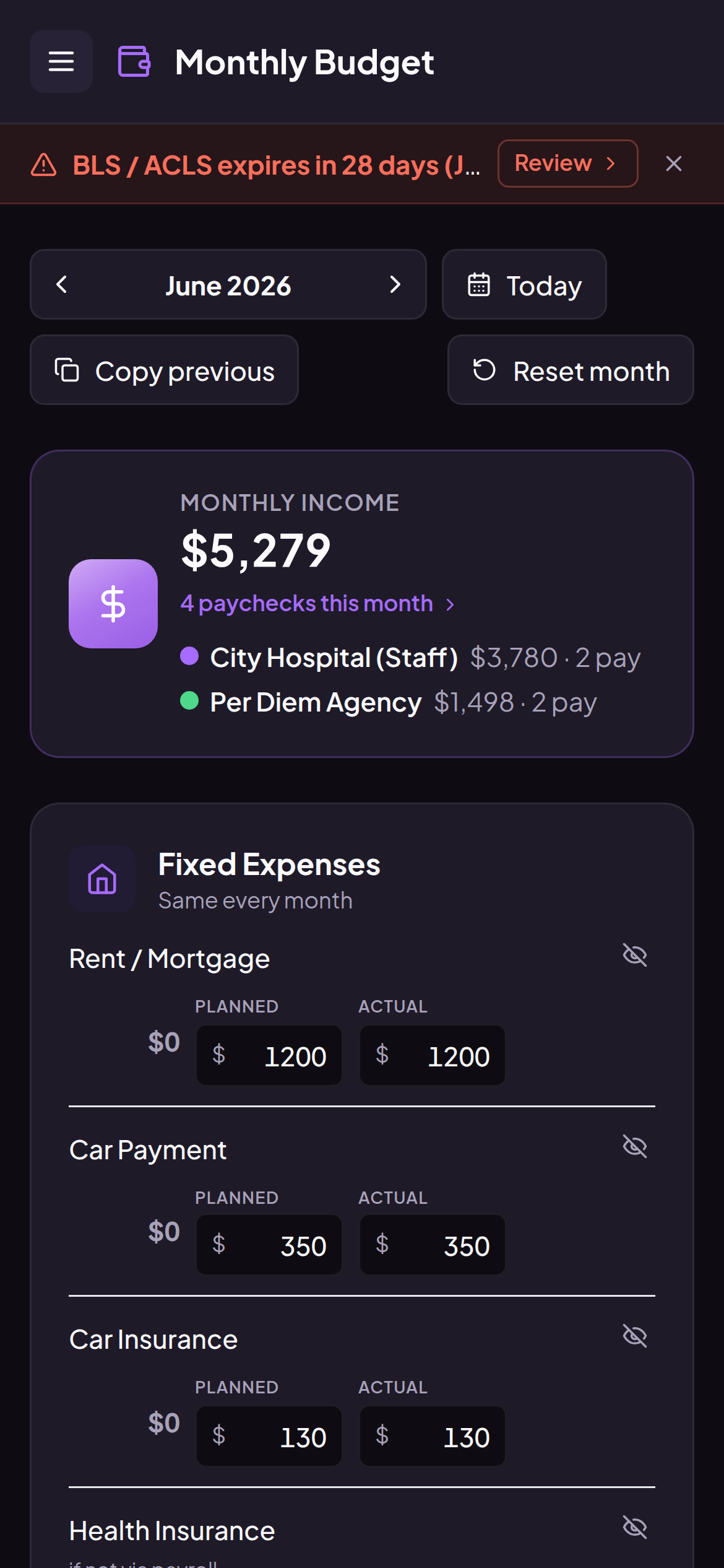 Monthly budget built from real income